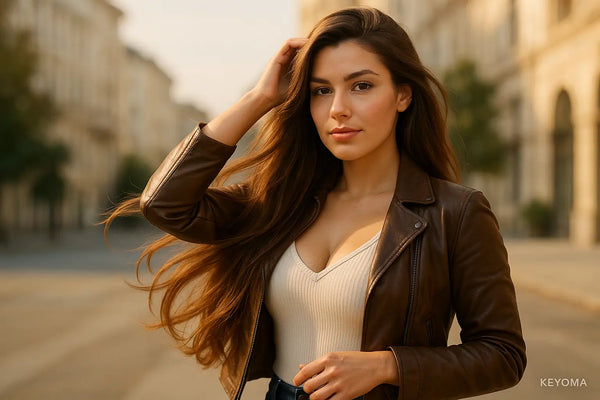 Outdoor portrait with long, healthy hair after Keyoma care, showcasing movement, shine, and city background.