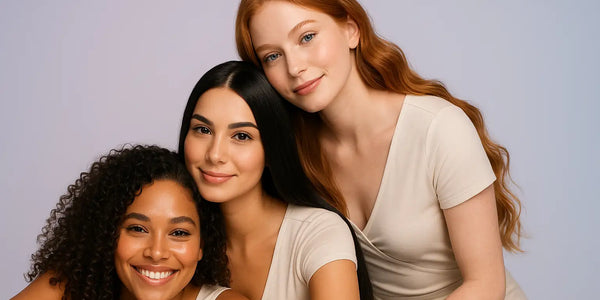 Three women with curly, straight, and red hair smile together, reflecting Keyoma healthy hair confidence and diversity.