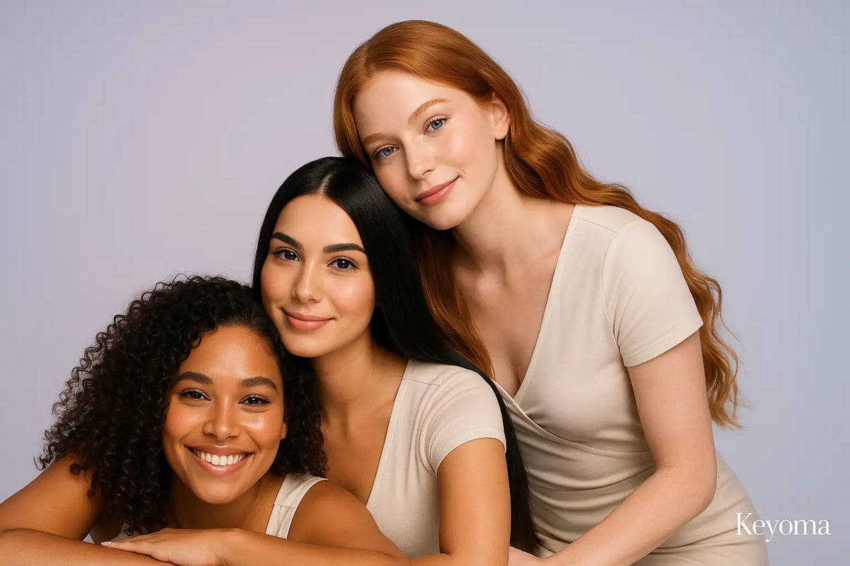 Three women with curly, straight, and red hair smile together, reflecting Keyoma healthy hair confidence and diversity.
