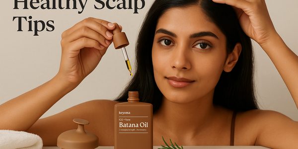 A woman demonstrates healthy scalp care by parting her hair and applying a drop of Keyoma batana oil with a dropper beside a scalp massager, wooden comb, towel, and rosemary sprig.