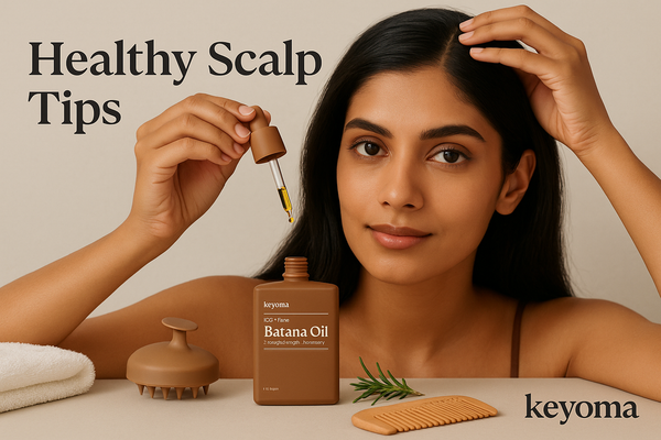 A woman demonstrates healthy scalp care by parting her hair and applying a drop of Keyoma batana oil with a dropper beside a scalp massager, wooden comb, towel, and rosemary sprig.