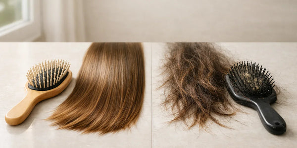 Healthy vs unhealthy hair comparison with brushes and hair strands on table with Keyoma watermark visible.