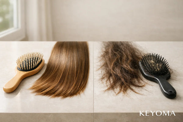 Healthy vs unhealthy hair comparison with brushes and hair strands on table with Keyoma watermark visible.