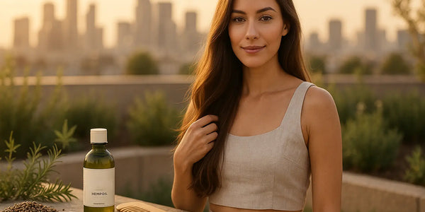 At sunset a woman touches her long hair beside a Keyoma hemp oil bottle, seeds, a small bowl of oil, and a wooden comb with the city skyline softly blurred behind her.