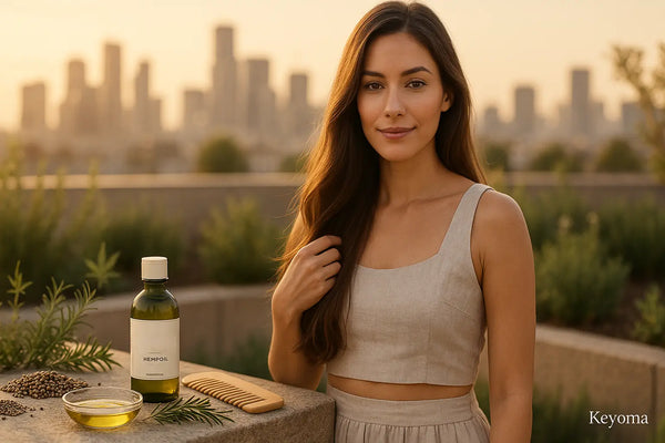 At sunset a woman touches her long hair beside a Keyoma hemp oil bottle, seeds, a small bowl of oil, and a wooden comb with the city skyline softly blurred behind her.