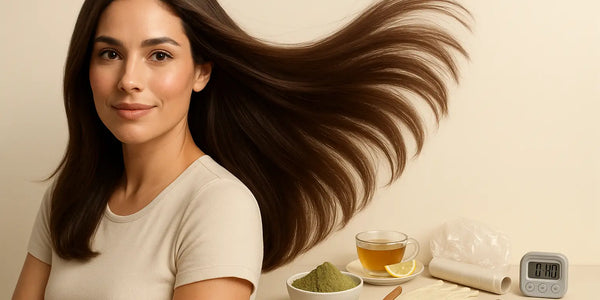 Model with flowing brown hair beside henna powder, tea, patch test, and timer, Keyoma henna guide.