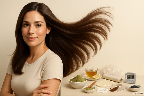 Model with flowing brown hair beside henna powder, tea, patch test, and timer, Keyoma henna guide.