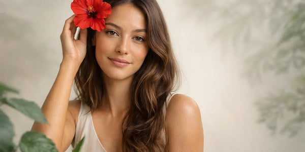Woman holding a hibiscus flower showcases healthy hair, highlighting Keyoma’s natural hair care inspiration.