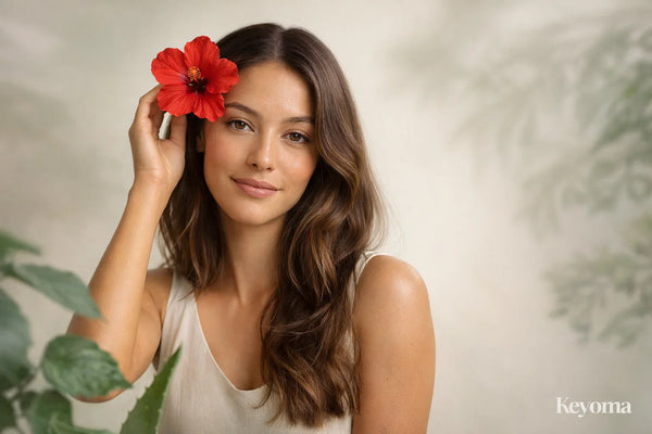 Woman holding a hibiscus flower showcases healthy hair, highlighting Keyoma’s natural hair care inspiration.