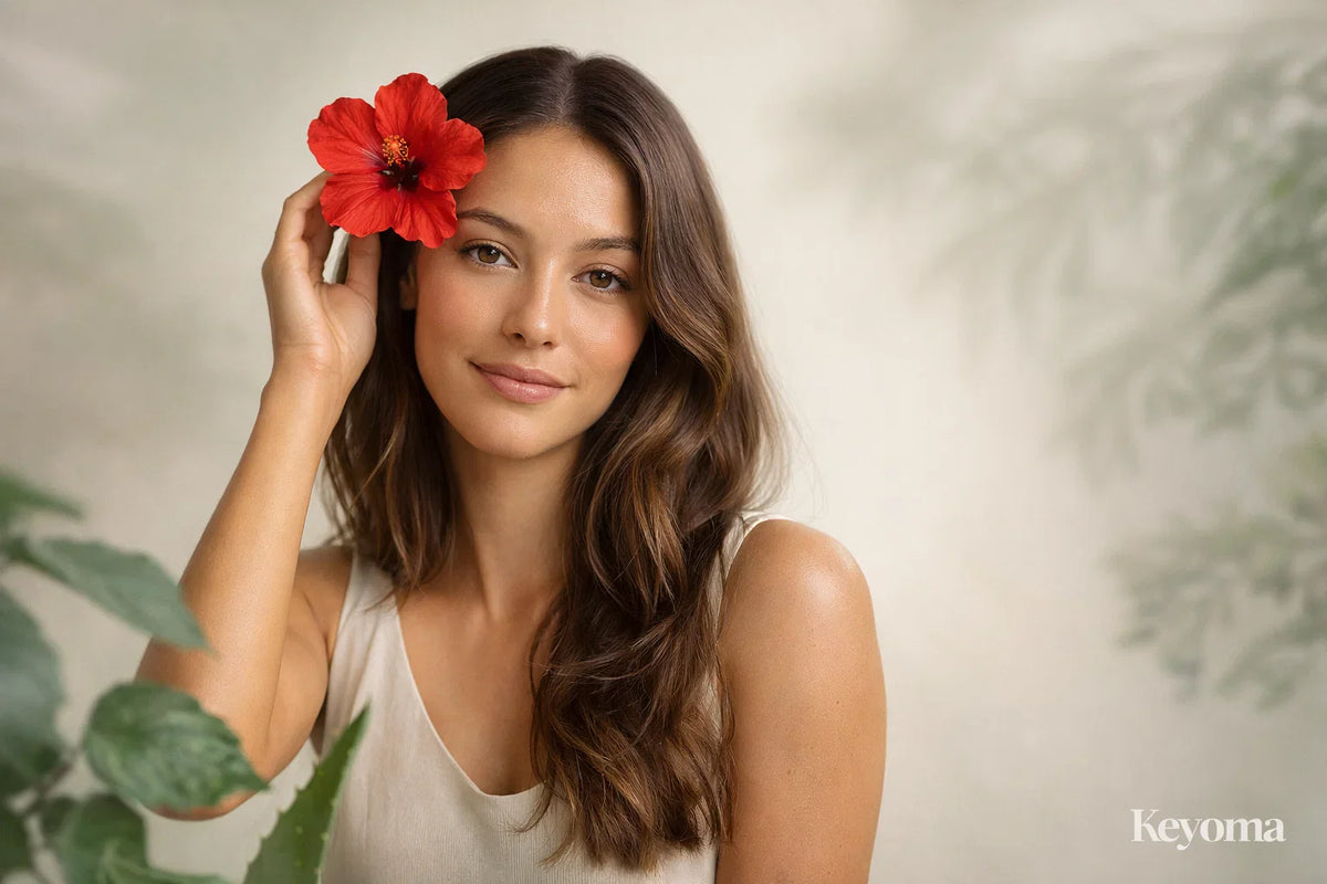 Woman holding a hibiscus flower showcases healthy hair, highlighting Keyoma’s natural hair care inspiration.