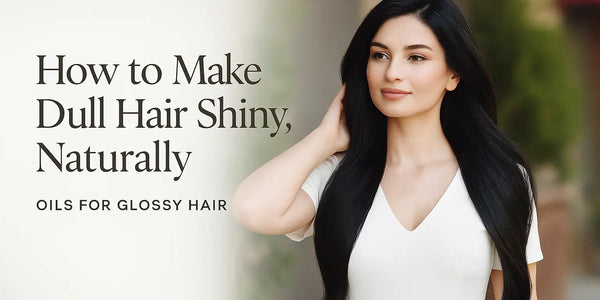 A woman with long glossy black hair is shown outdoors beside text that reads “How to Make Dull Hair Shiny, Naturally,” representing Keyoma’s guide to oils for glossy hair.