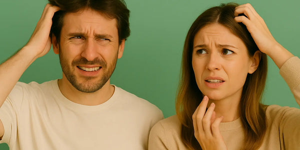 A worried man scratches his head beside a concerned woman dealing with an itchy scalp image by Keyoma