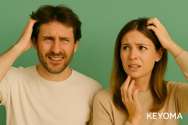 A worried man scratches his head beside a concerned woman dealing with an itchy scalp image by Keyoma