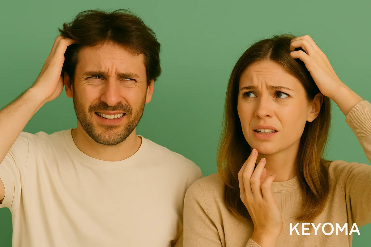 A worried man scratches his head beside a concerned woman dealing with an itchy scalp image by Keyoma