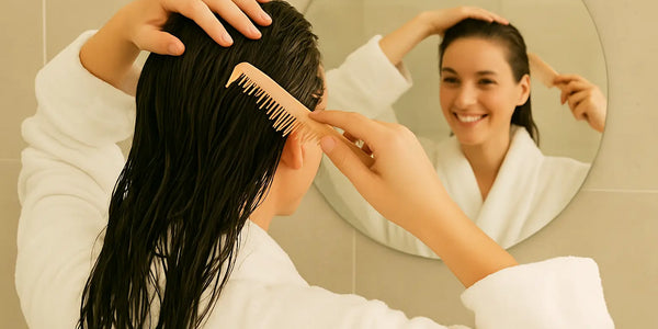 Keyoma illustration showing a woman in bath robes confidently smiling while combing her damp hair and caring for her scalp in front of the mirror