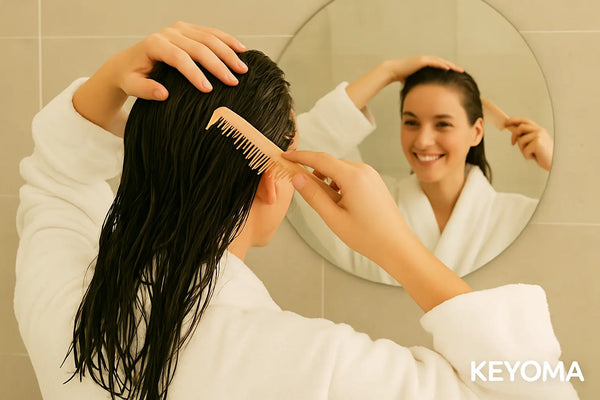 Keyoma illustration showing a woman in bath robes confidently smiling while combing her damp hair and caring for her scalp in front of the mirror