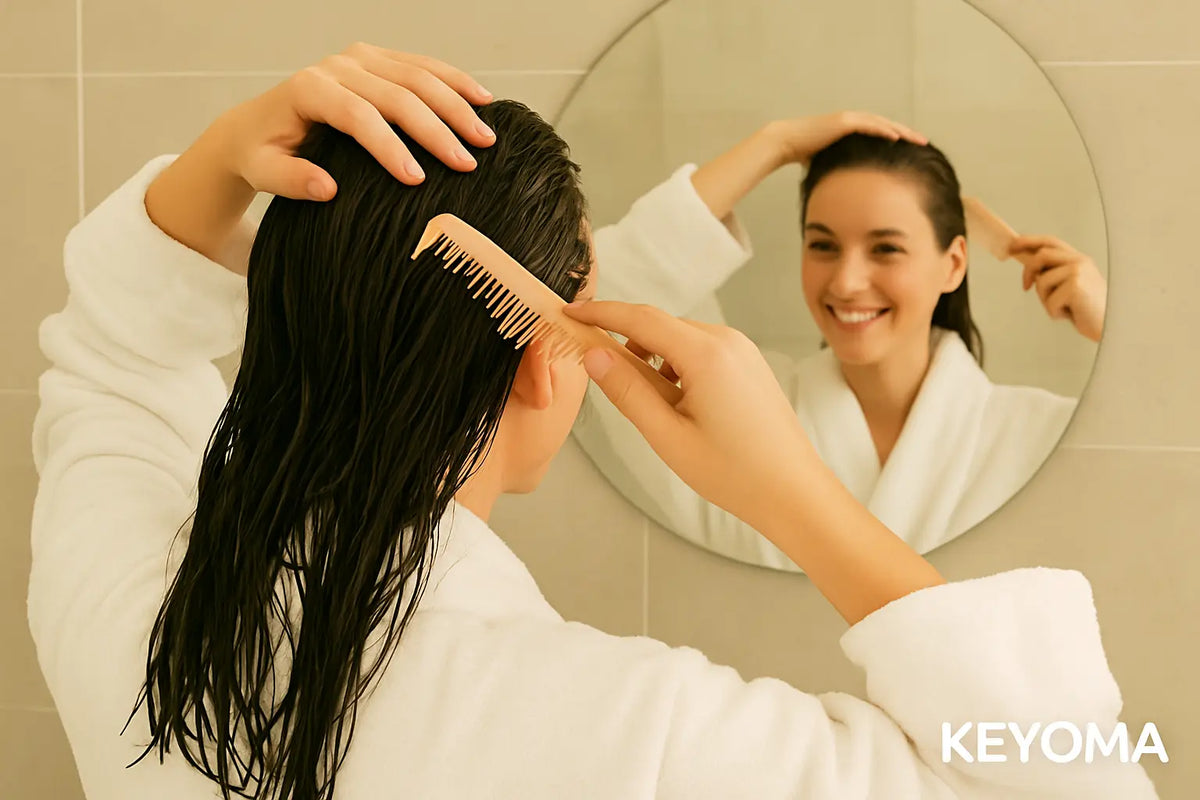 Keyoma illustration showing a woman in bath robes confidently smiling while combing her damp hair and caring for her scalp in front of the mirror
