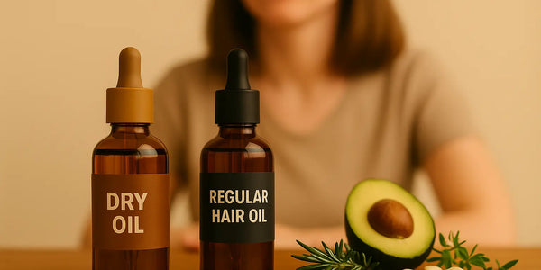 Keyoma illustration showing a woman deciding between a dry oil or a regular hair oil