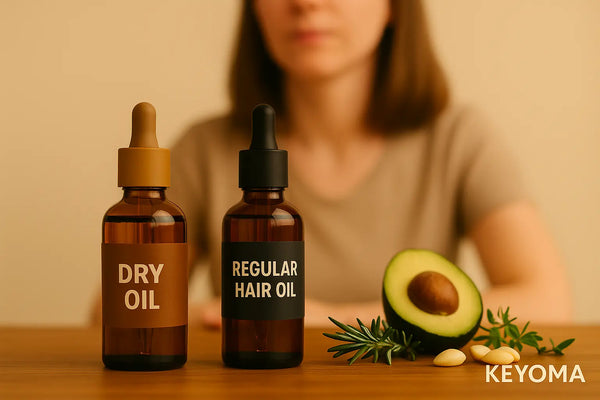 Keyoma illustration showing a woman deciding between a dry oil or a regular hair oil