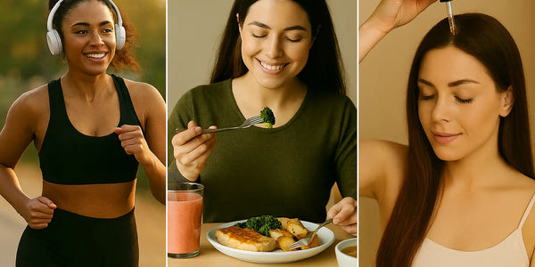 Image showing three women. Woman at the left wears training attire and headphones while on a run. The woman in the middle is eating a healthy balanced meal. The woman on the right is applying Keyoma batana hair oil on her scalp.
