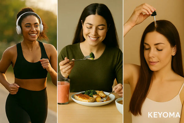Image showing three women. Woman at the left wears training attire and headphones while on a run. The woman in the middle is eating a healthy balanced meal. The woman on the right is applying Keyoma batana hair oil on her scalp.