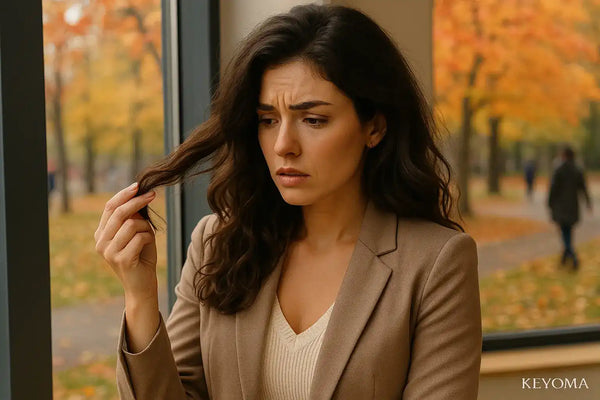 Keyoma image of a woman dealing with seasonal hair loss