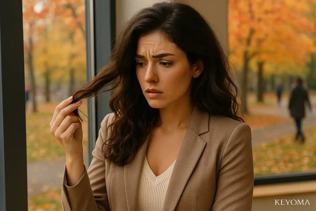 Keyoma image of a woman dealing with seasonal hair loss