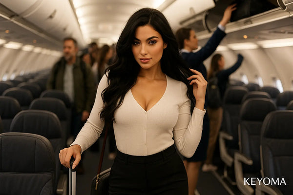 Keyoma image of a woman with healthy black hair traveling by plane
