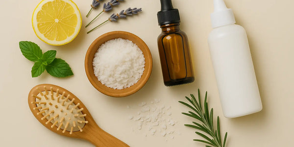 Keyoma illustration of natural remedies for dandruff, including a hair comb, nourishing oils, and sulfate-free shampoo