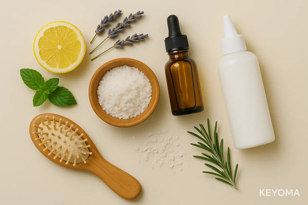 Keyoma illustration of natural remedies for dandruff, including a hair comb, nourishing oils, and sulfate-free shampoo