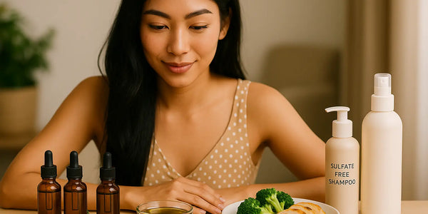 Keyoma image of a woman in front of bottles of hair nourishing oils, bottles of hair products, and a healthy meal