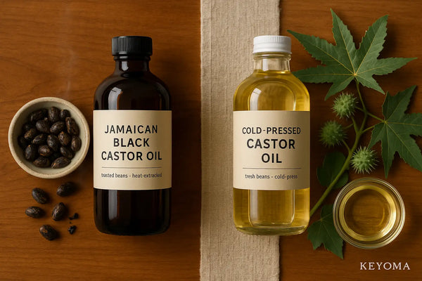 This Keyoma image shows Jamaican black castor oil beside cold-pressed castor oil, highlighting the difference between roasted and fresh bean extraction.