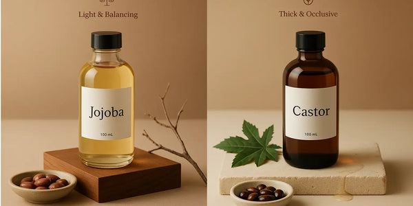 Keyoma photo comparing jojoba oil labeled “light & balancing” on a wooden block with seeds and castor oil labeled “thick & occlusive” on a stone slab with a leaf, showing different textures for hair care.