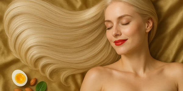 Blonde woman with silky hair on satin beside egg, almonds, spinach, salmon, Keyoma illustrates keratin nutrients.