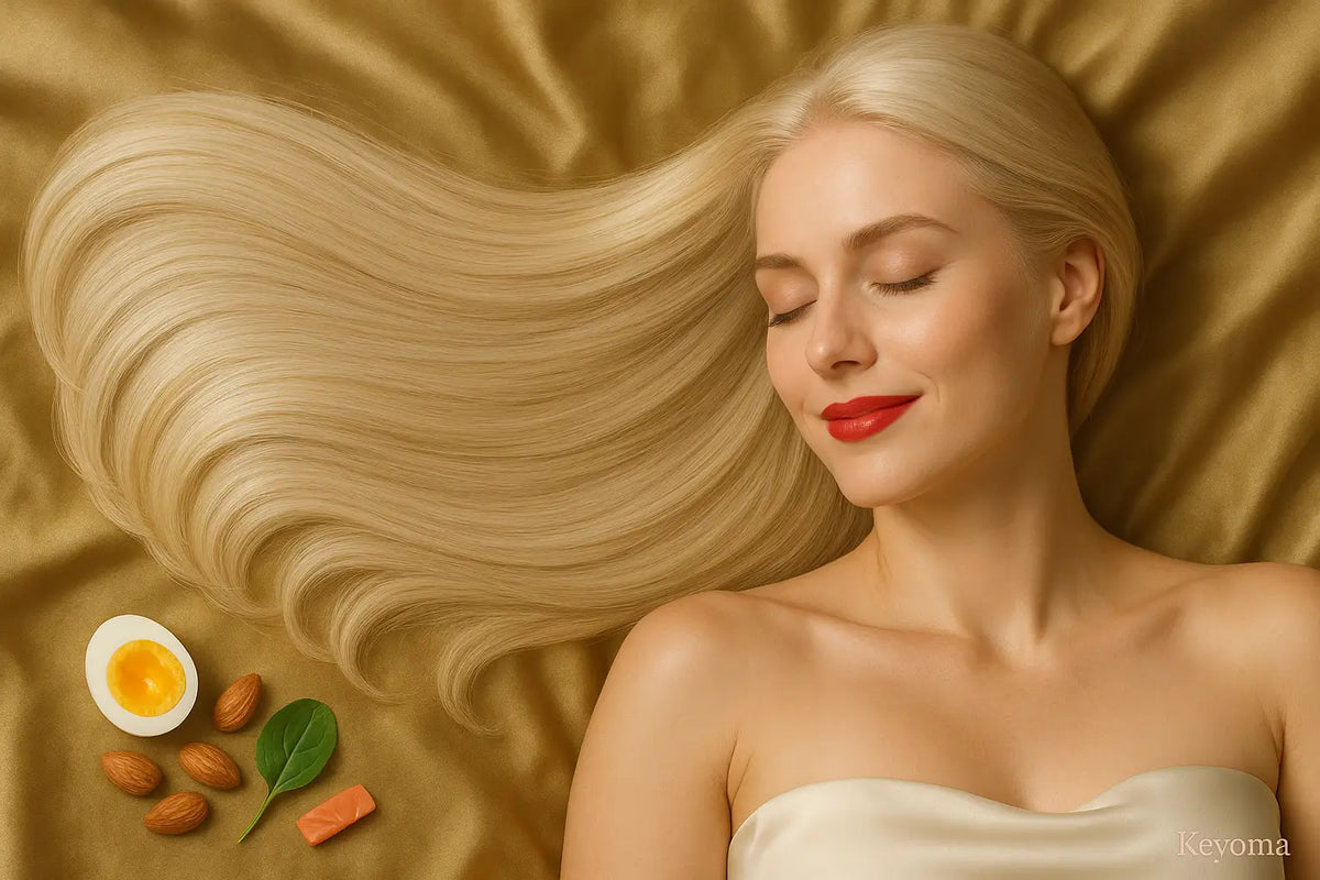 Blonde woman with silky hair on satin beside egg, almonds, spinach, salmon, Keyoma illustrates keratin nutrients.