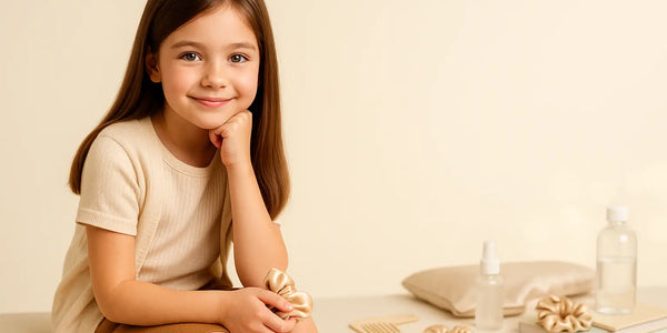 Smiling girl sits with silk scrunchies, satin pillow, gentle brush and spray, Keyoma kids hair care.