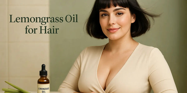 Smiling woman with short bob poses beside lemongrass oil bottle as Keyoma introduces lemongrass hair care.