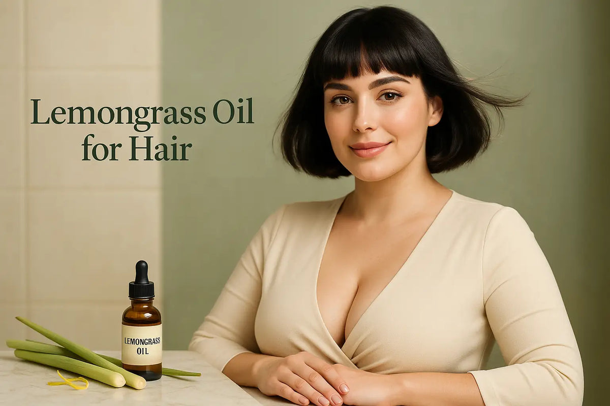 Smiling woman with short bob poses beside lemongrass oil bottle as Keyoma introduces lemongrass hair care.