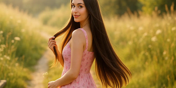 A woman in a pink floral dress turns on a sunlit meadow path, showing very long glossy brown hair in a serene Keyoma hair-care scene.