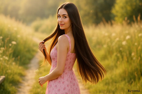 A woman in a pink floral dress turns on a sunlit meadow path, showing very long glossy brown hair in a serene Keyoma hair-care scene.