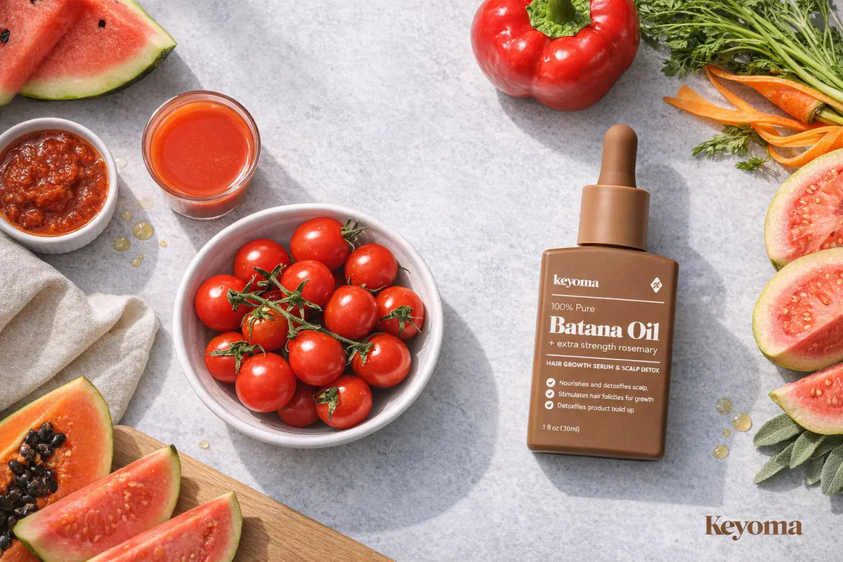 Flat lay of tomatoes and produce beside Keyoma batana oil highlighting lycopene rich foods.