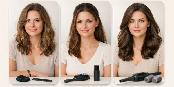Keyoma maintenance levels photo shows natural, medium, and polished hair with tools for styling.