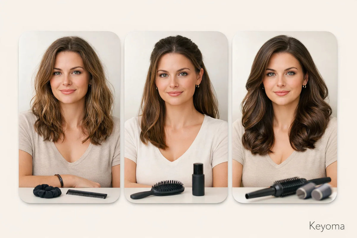 Keyoma maintenance levels photo shows natural, medium, and polished hair with tools for styling.