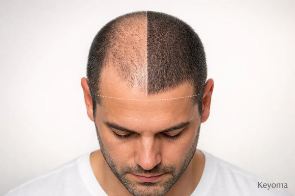 Top-down view of male pattern hair thinning illustration, used by Keyoma to explain restoration concepts.