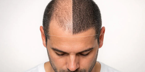 Top-down view of male pattern hair thinning illustration, used by Keyoma to explain restoration concepts.