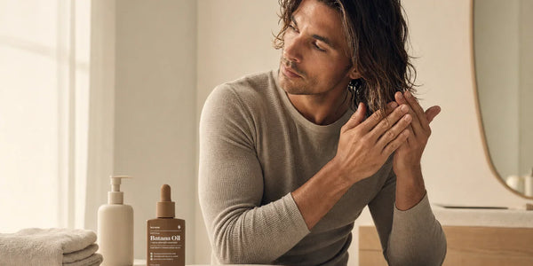 Keyoma batana oil bottle beside man applying product to wet hair at bathroom vanity.