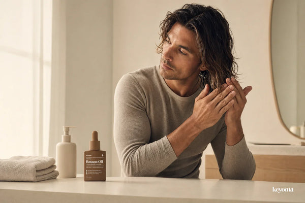Keyoma batana oil bottle beside man applying product to wet hair at bathroom vanity.