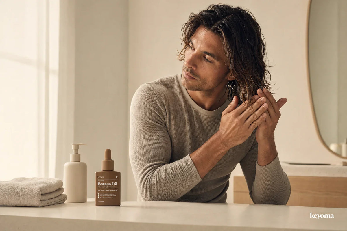 Keyoma batana oil bottle beside man applying product to wet hair at bathroom vanity.