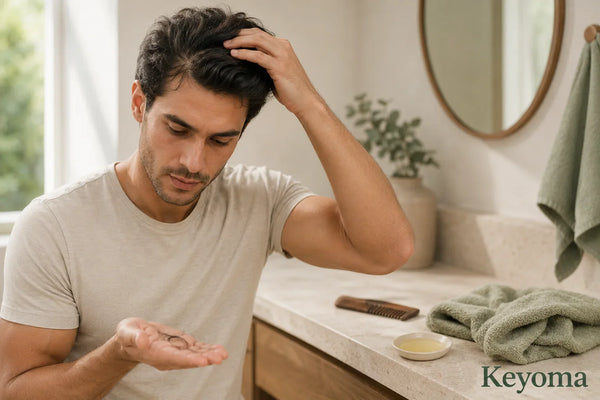 Keyoma shows a man checking hair shedding after oiling in a bright bathroom.