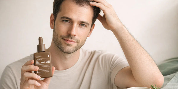 Man holding Keyoma batana oil bottle, demonstrating natural scalp care and hair nourishment routine.